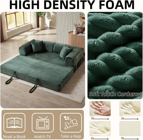 81 Inch Convertible Folding Sofa Bed,Fold Out Floor Sofa Couch with Fixed-Shape Frame,Corduroy Foldable Mattress Cloud Couch for Living Room Bedroom (Black)