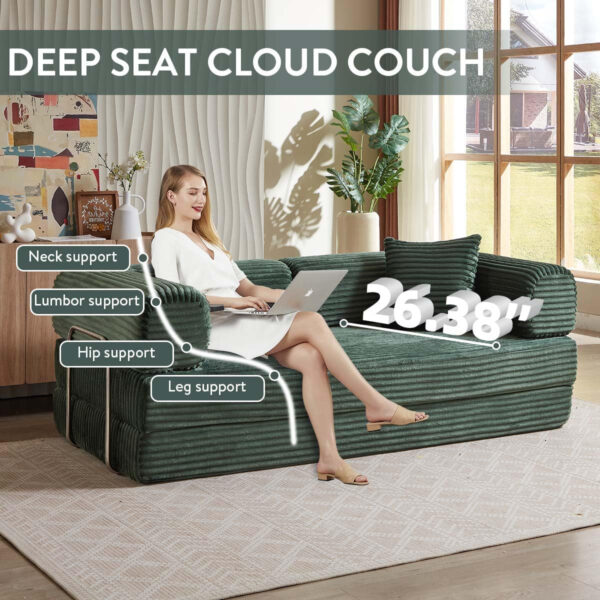 81 Inch Convertible Folding Sofa Bed,Fold Out Floor Sofa Couch with Fixed-Shape Frame,Corduroy Foldable Mattress Cloud Couch for Living Room Bedroom (Black)