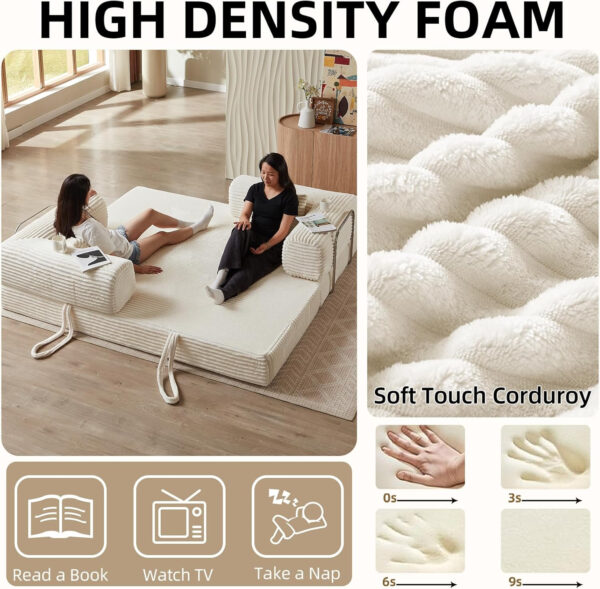 81 Inch Convertible Folding Sofa Bed,Fold Out Floor Sofa Couch with Fixed-Shape Frame,Corduroy Foldable Mattress Cloud Couch for Living Room Bedroom (Black)