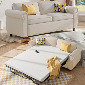 6886e5089bf91669e339aa4b8784a902cb1314e33676ddd9da4c2.jpg Mjkone Pull Out Sofa Bed, Full Size Sleeper Sofa Convertible Couch Beds with Nailhead Armrests, Memory Foam Mattress, Modern Pullout Sofas Bed Loveseat Couch for Living Room Apartment, Beige