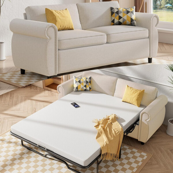 6886e5089bf91669e339aa4b8784a902cb1314e33676ddd9da4c2.jpg Mjkone Pull Out Sofa Bed, Full Size Sleeper Sofa Convertible Couch Beds with Nailhead Armrests, Memory Foam Mattress, Modern Pullout Sofas Bed Loveseat Couch for Living Room Apartment, Beige