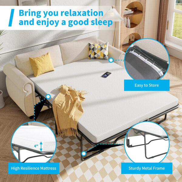 6886e50ad972d461bb4a4e1370cb2969e9205ac77bc641b29ec0d.jpg Mjkone Pull Out Sofa Bed, Full Size Sleeper Sofa Convertible Couch Beds with Nailhead Armrests, Memory Foam Mattress, Modern Pullout Sofas Bed Loveseat Couch for Living Room Apartment, Beige