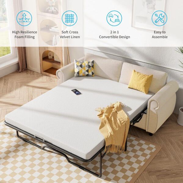 6886e50e9bd926e5254c23a845974a386caa39bf25a1f74861c73.jpg Mjkone Pull Out Sofa Bed, Full Size Sleeper Sofa Convertible Couch Beds with Nailhead Armrests, Memory Foam Mattress, Modern Pullout Sofas Bed Loveseat Couch for Living Room Apartment, Beige