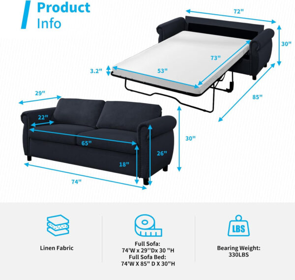 6886e51f1703e21fea51ff56b9039a1a8318347fbe32e790bed43.jpg Mjkone Pull Out Sofa Bed, Full Size Sleeper Sofa Convertible Couch Beds with Nailhead Armrests, Memory Foam Mattress, Modern Pullout Sofas Bed Loveseat Couch for Living Room Apartment, Beige
