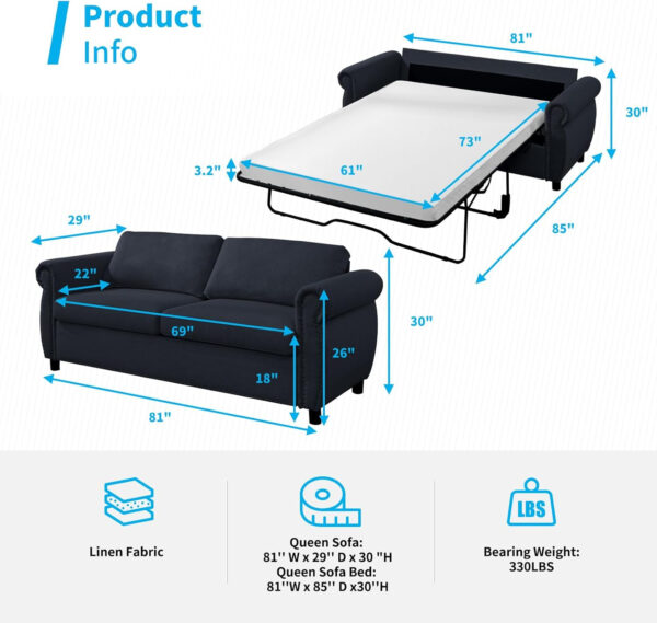 6886e5449889ebc69b81befb4d8fea3423b79ecb271543ba1b417.jpg Mjkone Pull Out Sofa Bed, Full Size Sleeper Sofa Convertible Couch Beds with Nailhead Armrests, Memory Foam Mattress, Modern Pullout Sofas Bed Loveseat Couch for Living Room Apartment, Beige