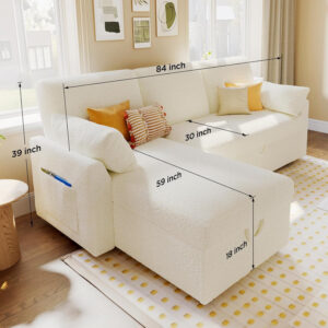 VanAcc Sofa Bed, Sleeper Sofa- 2 in 1 Pull Out Couch Bed with Storage Chaise for Living Room, White Sherpa 84in x 59in x 39in