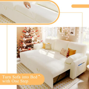 VanAcc Sofa Bed, Sleeper Sofa- 2 in 1 Pull Out Couch Bed with Storage Chaise for Living Room, White Sherpa 84in x 59in x 39in