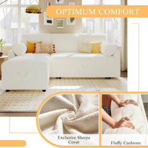 VanAcc Sofa Bed, Sleeper Sofa- 2 in 1 Pull Out Couch Bed with Storage Chaise for Living Room, White Sherpa 84in x 59in x 39in