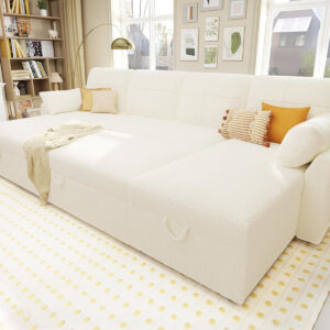 VanAcc Sofa Bed, Sleeper Sofa- 2 in 1 Pull Out Couch Bed with Storage Chaise for Living Room, White Sherpa 84in x 59in x 39in