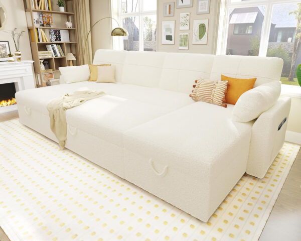 VanAcc Sofa Bed, Sleeper Sofa- 2 in 1 Pull Out Couch Bed with Storage Chaise for Living Room, White Sherpa 84in x 59in x 39in