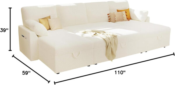 VanAcc Sofa Bed, Sleeper Sofa- 2 in 1 Pull Out Couch Bed with Storage Chaise for Living Room, White Sherpa 84in x 59in x 39in