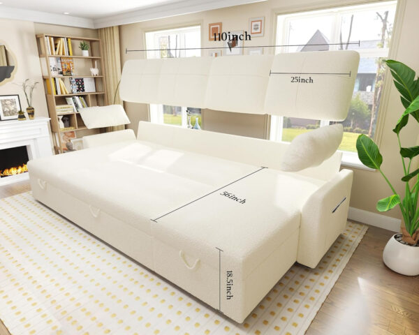 VanAcc Sofa Bed, Sleeper Sofa- 2 in 1 Pull Out Couch Bed with Storage Chaise for Living Room, White Sherpa 84in x 59in x 39in