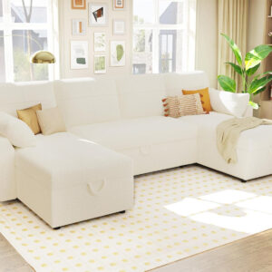 VanAcc Sofa Bed, Sleeper Sofa- 2 in 1 Pull Out Couch Bed with Storage Chaise for Living Room, White Sherpa 84in x 59in x 39in
