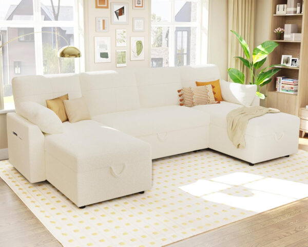 VanAcc Sofa Bed, Sleeper Sofa- 2 in 1 Pull Out Couch Bed with Storage Chaise for Living Room, White Sherpa 84in x 59in x 39in