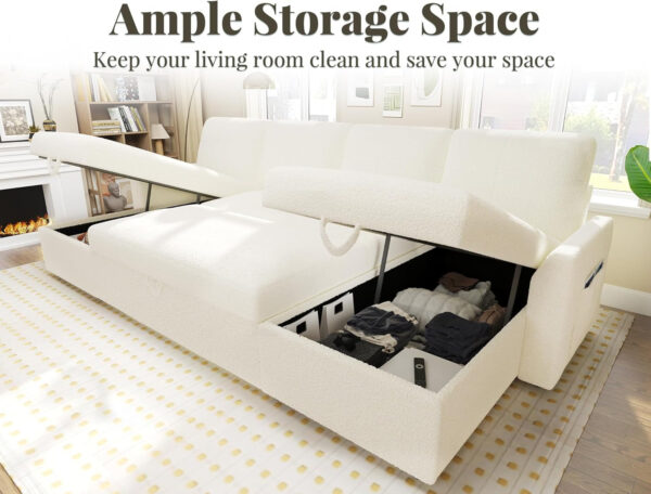 VanAcc Sofa Bed, Sleeper Sofa- 2 in 1 Pull Out Couch Bed with Storage Chaise for Living Room, White Sherpa 84in x 59in x 39in