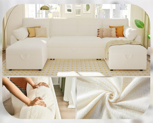 VanAcc Sofa Bed, Sleeper Sofa- 2 in 1 Pull Out Couch Bed with Storage Chaise for Living Room, White Sherpa 84in x 59in x 39in