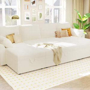 VanAcc Sofa Bed, Sleeper Sofa- 2 in 1 Pull Out Couch Bed with Storage Chaise for Living Room, White Sherpa 84in x 59in x 39in