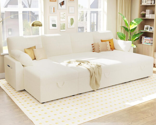 VanAcc Sofa Bed, Sleeper Sofa- 2 in 1 Pull Out Couch Bed with Storage Chaise for Living Room, White Sherpa 84in x 59in x 39in