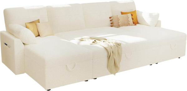 VanAcc Sofa Bed, Sleeper Sofa- 2 in 1 Pull Out Couch Bed with Storage Chaise for Living Room, White Sherpa 84in x 59in x 39in