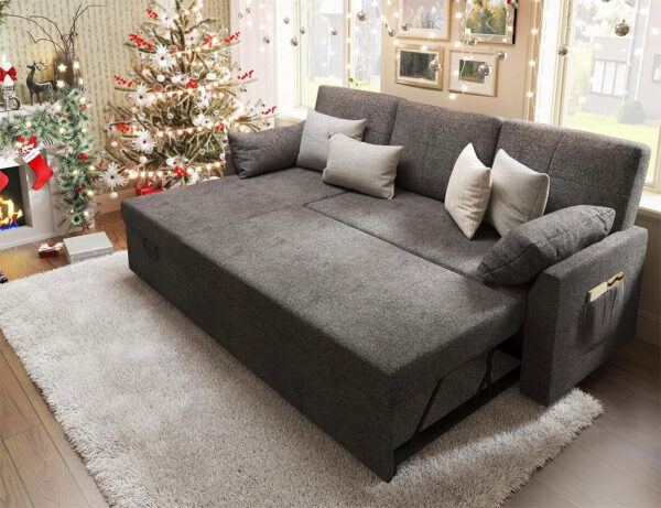 VanAcc Sofa Bed, Sleeper Sofa- 2 in 1 Pull Out Couch Bed with Storage Chaise for Living Room, White Sherpa 84in x 59in x 39in