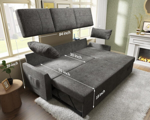 VanAcc Sofa Bed, Sleeper Sofa- 2 in 1 Pull Out Couch Bed with Storage Chaise for Living Room, White Sherpa 84in x 59in x 39in
