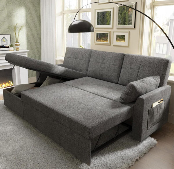 VanAcc Sofa Bed, Sleeper Sofa- 2 in 1 Pull Out Couch Bed with Storage Chaise for Living Room, White Sherpa 84in x 59in x 39in