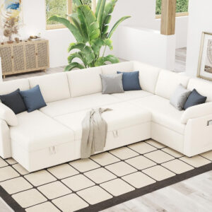 VanAcc Sofa Bed, Sleeper Sofa- 2 in 1 Pull Out Couch Bed with Storage Chaise for Living Room, White Sherpa 84in x 59in x 39in