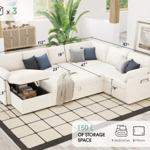 VanAcc Sofa Bed, Sleeper Sofa- 2 in 1 Pull Out Couch Bed with Storage Chaise for Living Room, White Sherpa 84in x 59in x 39in
