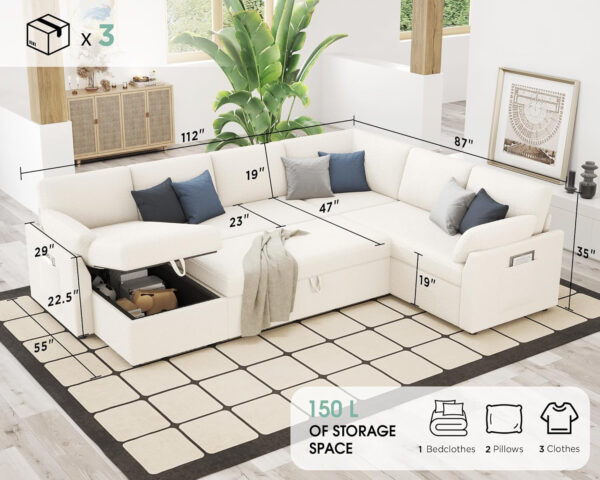 VanAcc Sofa Bed, Sleeper Sofa- 2 in 1 Pull Out Couch Bed with Storage Chaise for Living Room, White Sherpa 84in x 59in x 39in