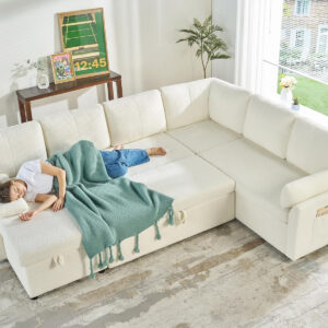 VanAcc Sofa Bed, Sleeper Sofa- 2 in 1 Pull Out Couch Bed with Storage Chaise for Living Room, White Sherpa 84in x 59in x 39in