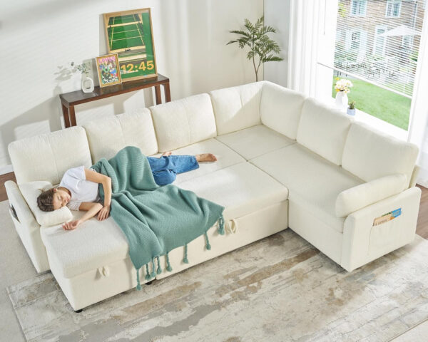 VanAcc Sofa Bed, Sleeper Sofa- 2 in 1 Pull Out Couch Bed with Storage Chaise for Living Room, White Sherpa 84in x 59in x 39in