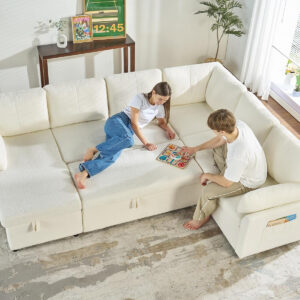 VanAcc Sofa Bed, Sleeper Sofa- 2 in 1 Pull Out Couch Bed with Storage Chaise for Living Room, White Sherpa 84in x 59in x 39in