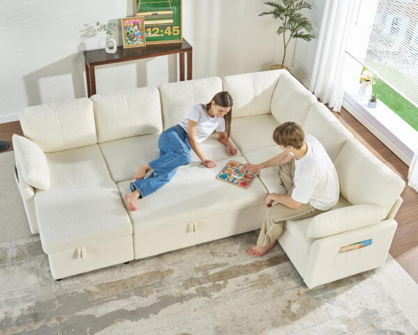 VanAcc Sofa Bed, Sleeper Sofa- 2 in 1 Pull Out Couch Bed with Storage Chaise for Living Room, White Sherpa 84in x 59in x 39in