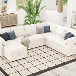 VanAcc Sofa Bed, Sleeper Sofa- 2 in 1 Pull Out Couch Bed with Storage Chaise for Living Room, White Sherpa 84in x 59in x 39in