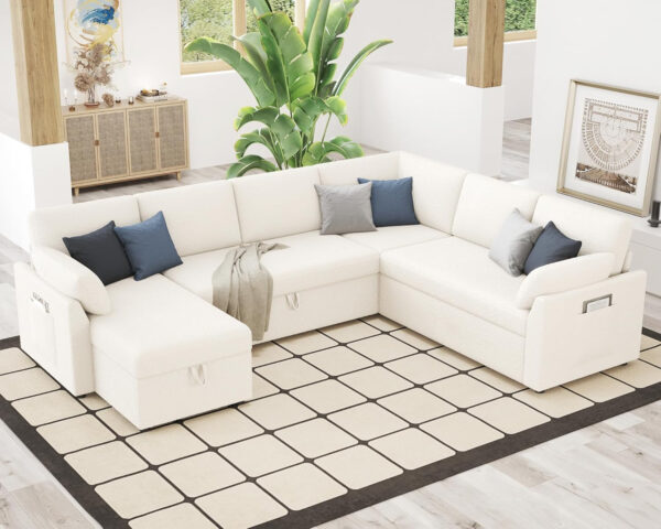 VanAcc Sofa Bed, Sleeper Sofa- 2 in 1 Pull Out Couch Bed with Storage Chaise for Living Room, White Sherpa 84in x 59in x 39in