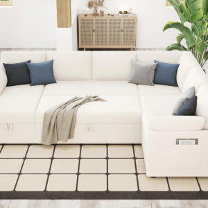 VanAcc Sofa Bed, Sleeper Sofa- 2 in 1 Pull Out Couch Bed with Storage Chaise for Living Room, White Sherpa 84in x 59in x 39in