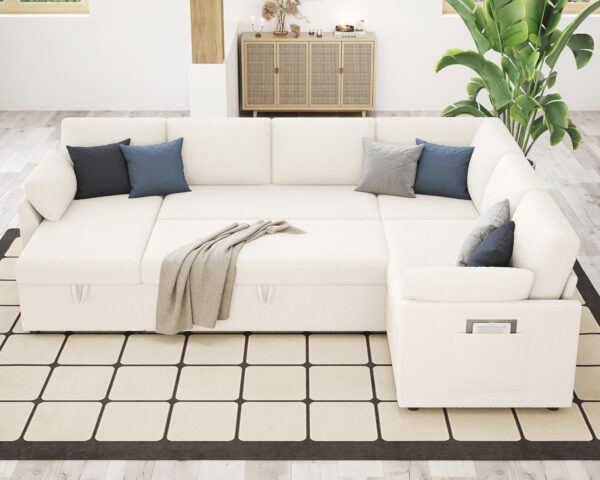 VanAcc Sofa Bed, Sleeper Sofa- 2 in 1 Pull Out Couch Bed with Storage Chaise for Living Room, White Sherpa 84in x 59in x 39in
