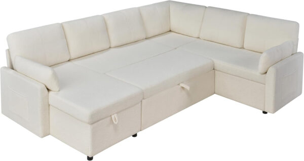 VanAcc Sofa Bed, Sleeper Sofa- 2 in 1 Pull Out Couch Bed with Storage Chaise for Living Room, White Sherpa 84in x 59in x 39in