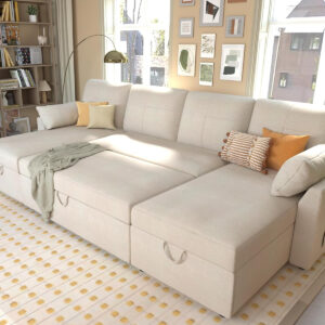 VanAcc Sofa Bed, Sleeper Sofa- 2 in 1 Pull Out Couch Bed with Storage Chaise for Living Room, White Sherpa 84in x 59in x 39in