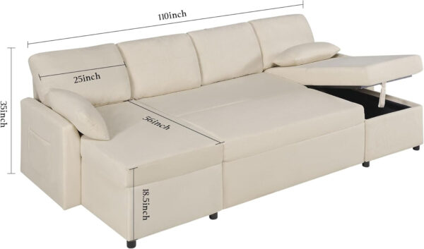 VanAcc Sofa Bed, Sleeper Sofa- 2 in 1 Pull Out Couch Bed with Storage Chaise for Living Room, White Sherpa 84in x 59in x 39in