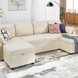 VanAcc Sofa Bed, Sleeper Sofa- 2 in 1 Pull Out Couch Bed with Storage Chaise for Living Room, White Sherpa 84in x 59in x 39in