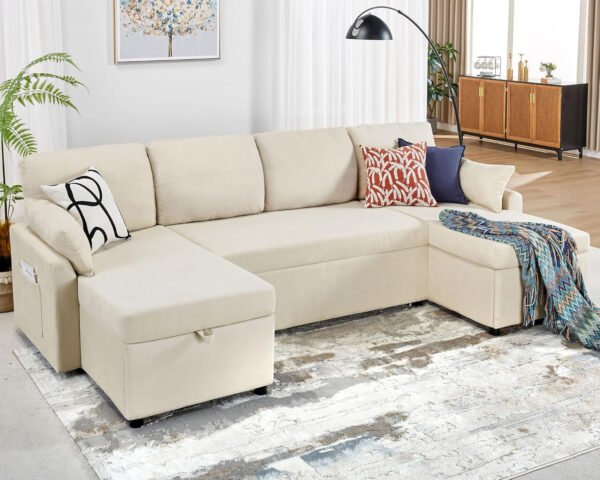 VanAcc Sofa Bed, Sleeper Sofa- 2 in 1 Pull Out Couch Bed with Storage Chaise for Living Room, White Sherpa 84in x 59in x 39in