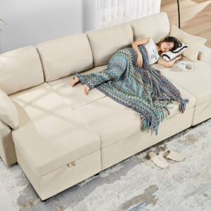 VanAcc Sofa Bed, Sleeper Sofa- 2 in 1 Pull Out Couch Bed with Storage Chaise for Living Room, White Sherpa 84in x 59in x 39in