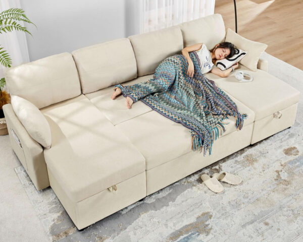 VanAcc Sofa Bed, Sleeper Sofa- 2 in 1 Pull Out Couch Bed with Storage Chaise for Living Room, White Sherpa 84in x 59in x 39in
