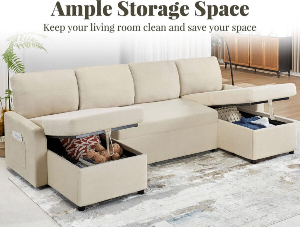 VanAcc Sofa Bed, Sleeper Sofa- 2 in 1 Pull Out Couch Bed with Storage Chaise for Living Room, White Sherpa 84in x 59in x 39in