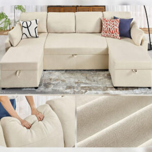 VanAcc Sofa Bed, Sleeper Sofa- 2 in 1 Pull Out Couch Bed with Storage Chaise for Living Room, White Sherpa 84in x 59in x 39in