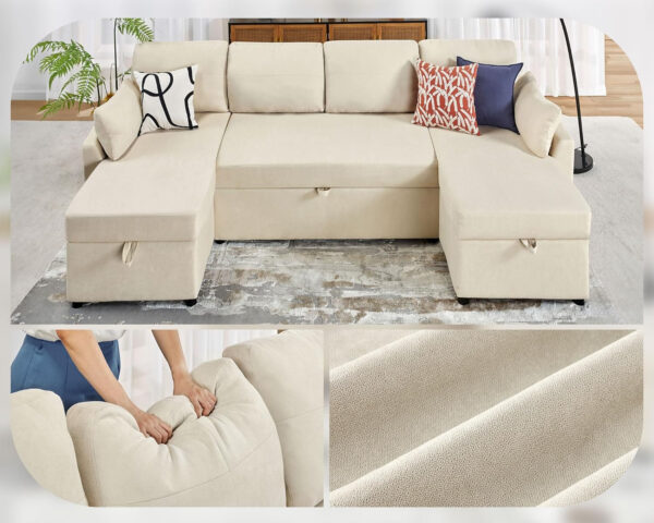 VanAcc Sofa Bed, Sleeper Sofa- 2 in 1 Pull Out Couch Bed with Storage Chaise for Living Room, White Sherpa 84in x 59in x 39in