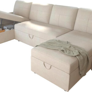 VanAcc Sofa Bed, Sleeper Sofa- 2 in 1 Pull Out Couch Bed with Storage Chaise for Living Room, White Sherpa 84in x 59in x 39in