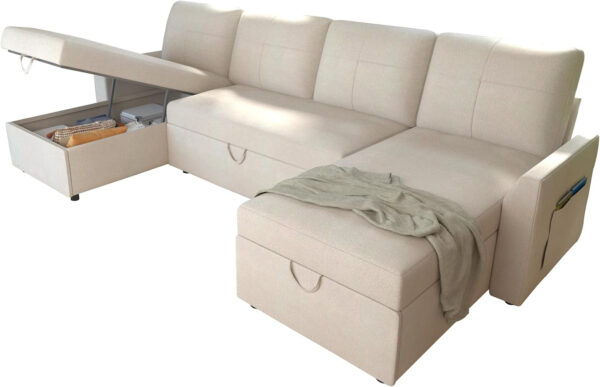 VanAcc Sofa Bed, Sleeper Sofa- 2 in 1 Pull Out Couch Bed with Storage Chaise for Living Room, White Sherpa 84in x 59in x 39in
