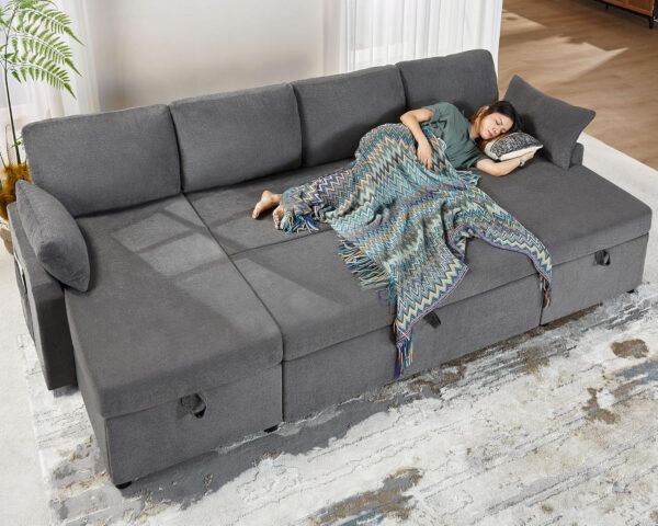 VanAcc Sofa Bed, Sleeper Sofa- 2 in 1 Pull Out Couch Bed with Storage Chaise for Living Room, White Sherpa 84in x 59in x 39in